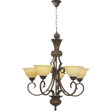 Metal and Resin Chandelier with Brown Glass